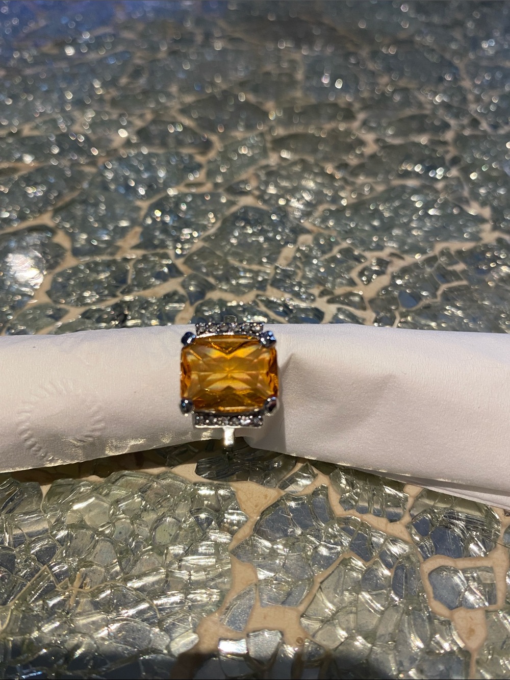 Elegant Citrine-Color Cushion Ring with Halo Accents